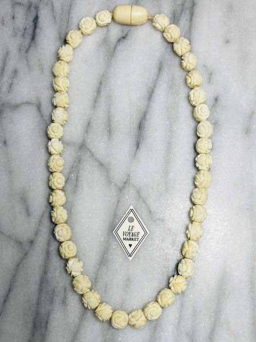 Vintage Cream Carved Floral Beaded Necklace