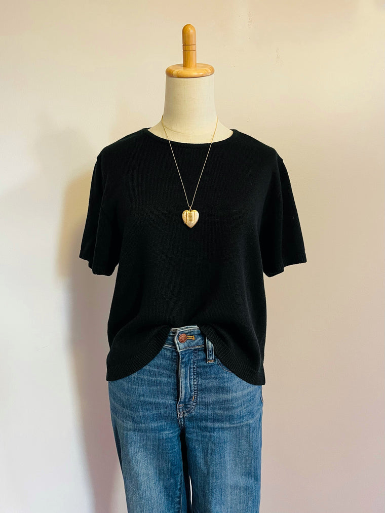 Black Vintage-Inspired Knit Relaxed Fit Short Sleeve Sweater Top