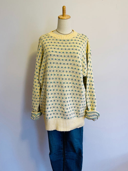 Vintage Izod Knit Yellow Sweater with Kelly Green & Blue Floral Pattern