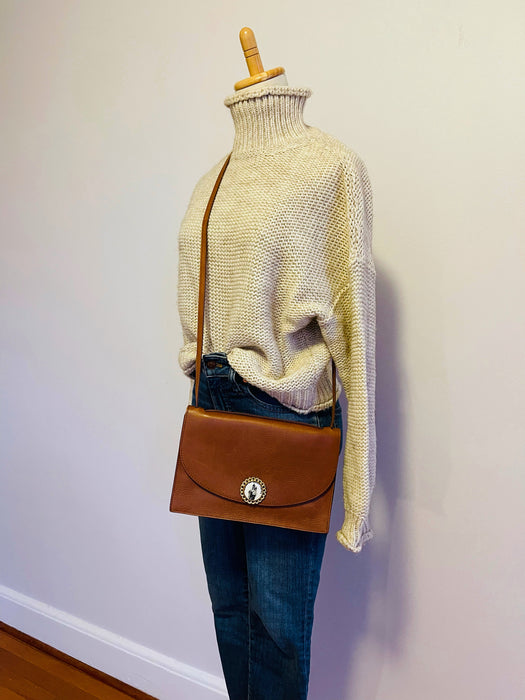 Leather Bag in Camel Color with Vintage Italian Gold & Cream Clasp