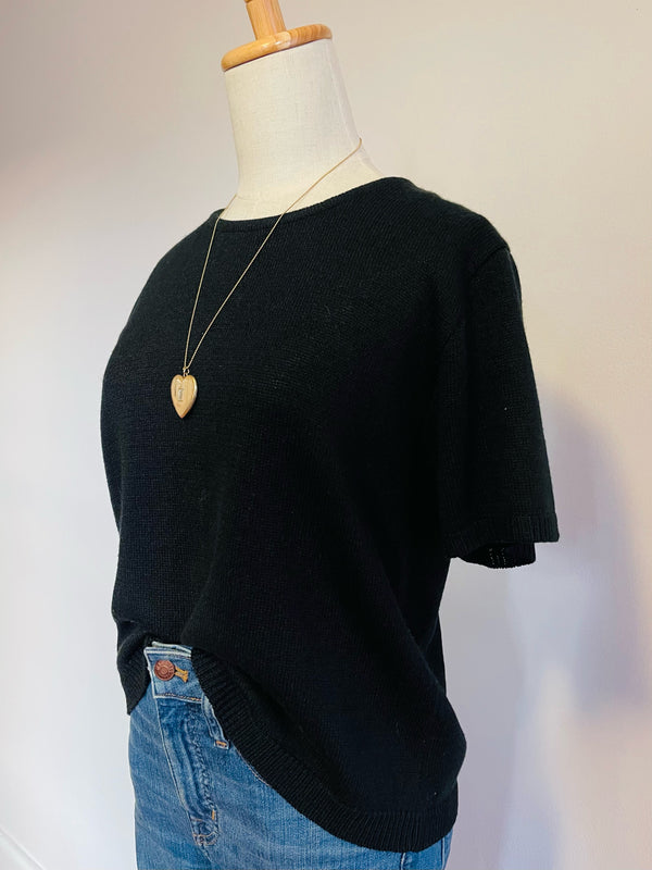Black Vintage-Inspired Knit Relaxed Fit Short Sleeve Sweater Top