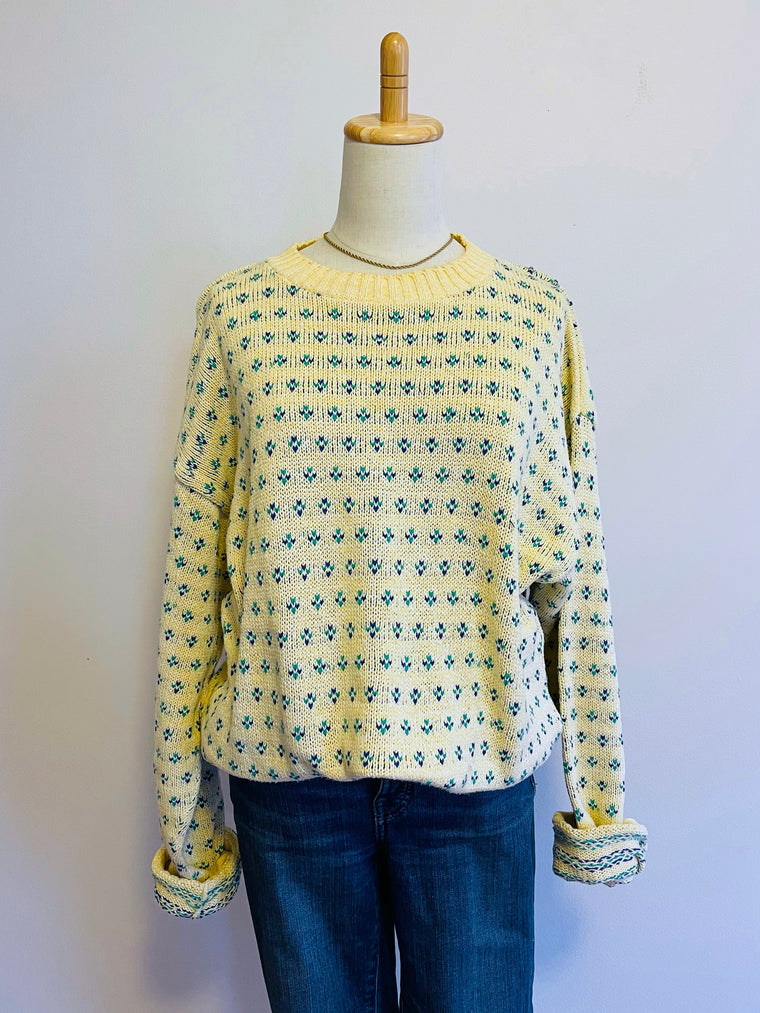 Vintage Izod Knit Yellow Sweater with Kelly Green & Blue Floral Pattern