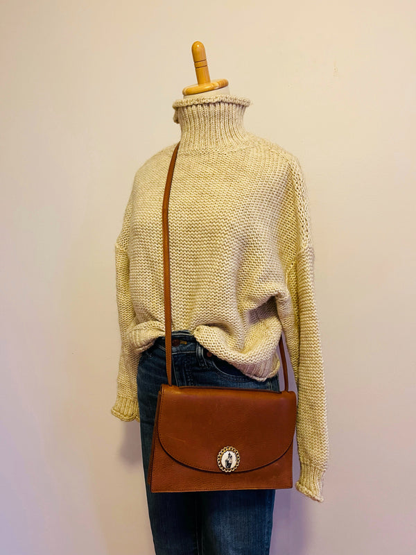 Leather Bag in Camel Color with Vintage Italian Gold & Cream Clasp